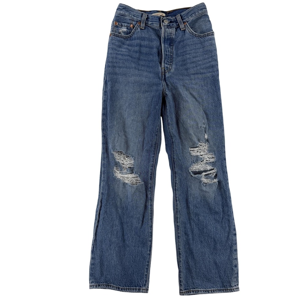 Levis Ribcage Straight Ankle Jeans‎ Womens 26 Blue Medium Wash High Rise Ripped